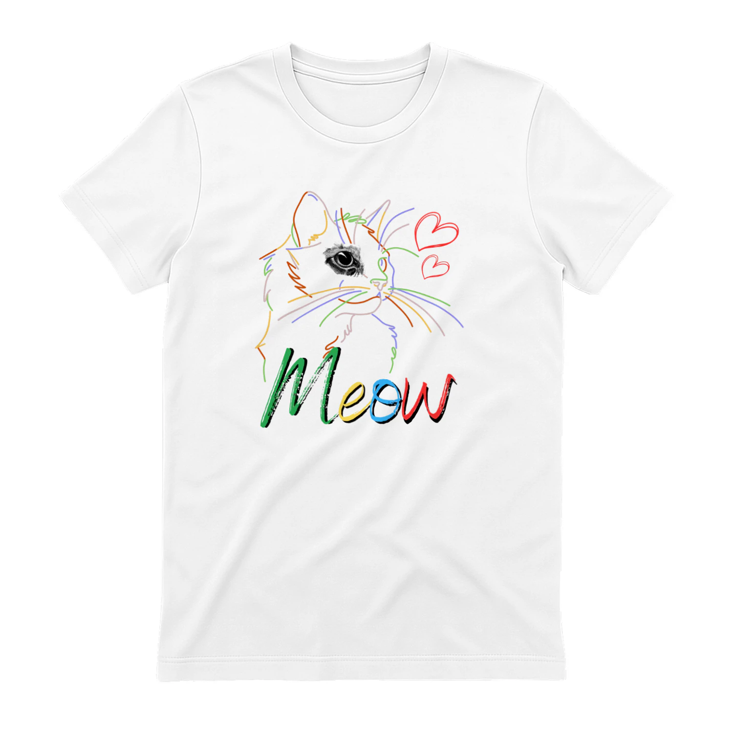Colorful Rainbow Cat Line Art Meow T-Shirt - Cute Kitten Hearts Graphic Tee