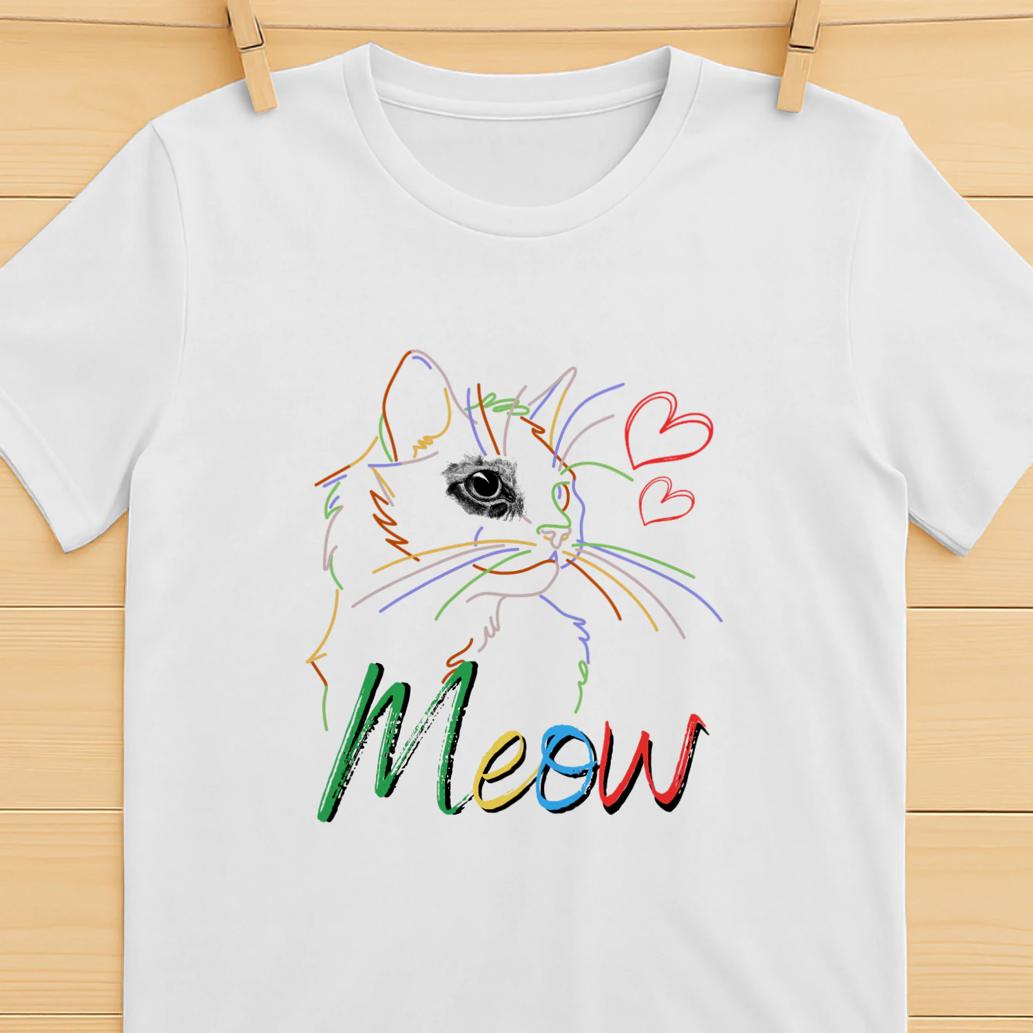 Colorful Rainbow Cat Line Art Meow T-Shirt - Cute Kitten Hearts Graphic Tee