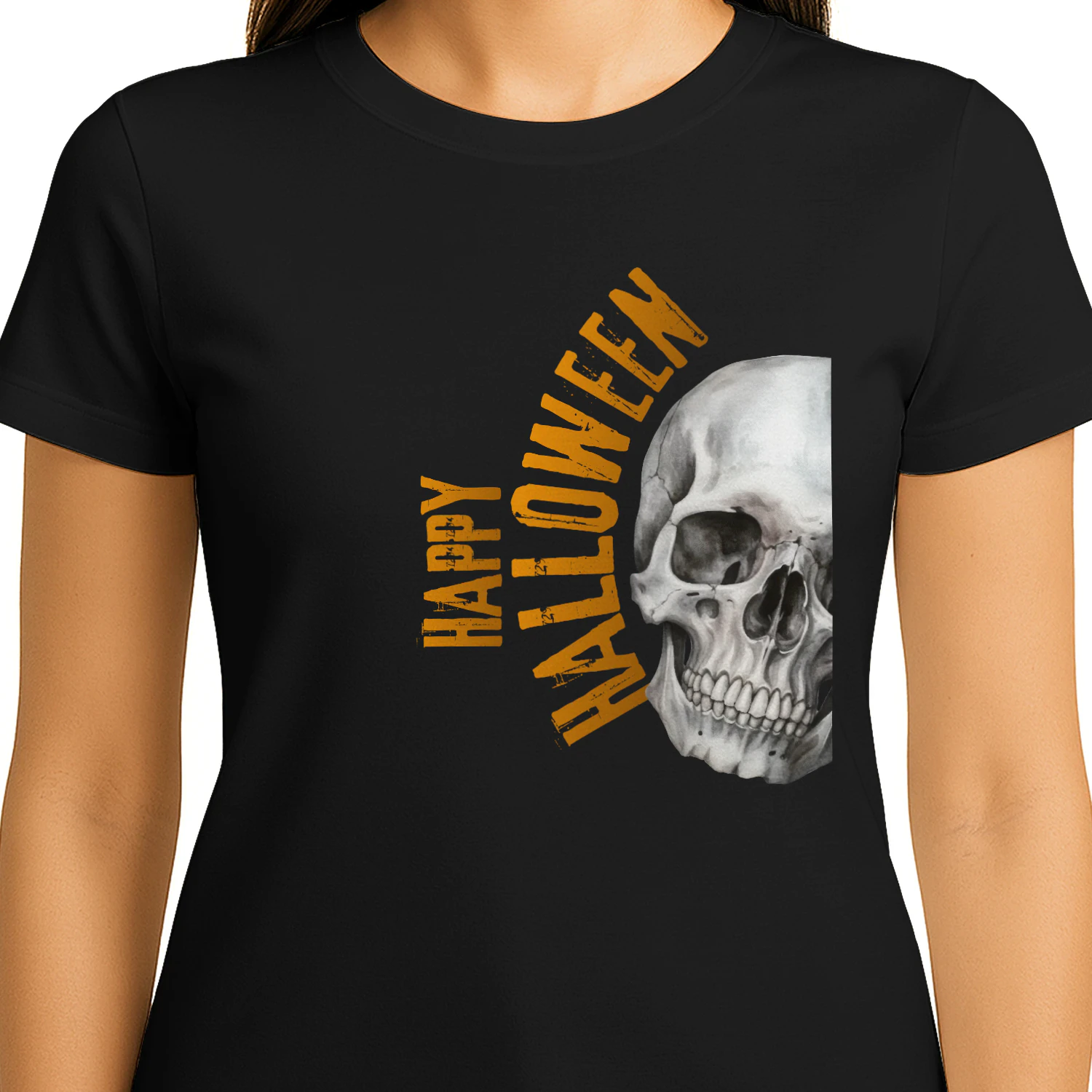 Happy Halloween Realistic Skull Orange Grunge Text