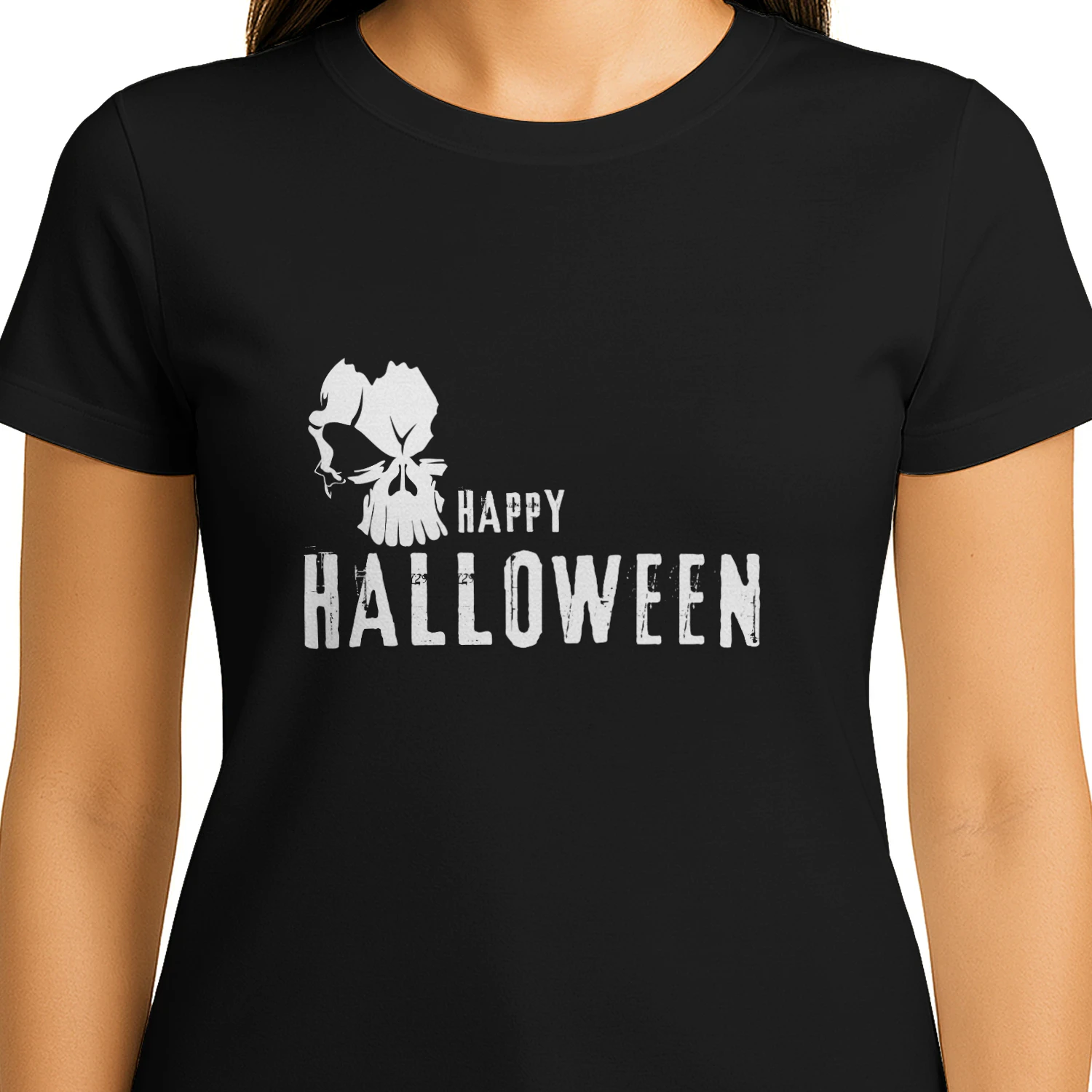 Happy Halloween White Silhouette Pumpkin and Broken Skull Design
