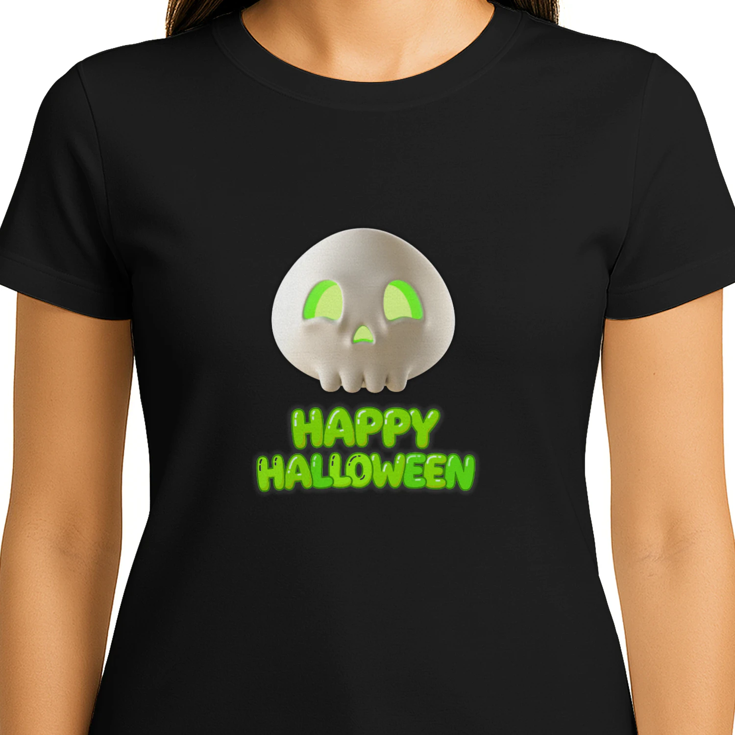 Happy Halloween Cute 3D Skull Glowing Green Eyes
