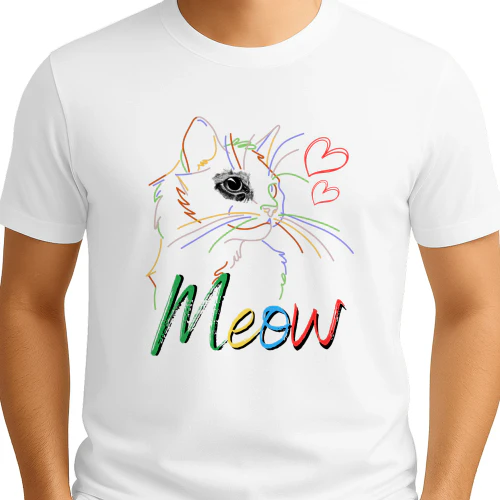 Colorful Rainbow Cat Line Art Meow T-Shirt - Cute Kitten Hearts Graphic Tee