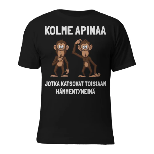 Kolme apinaa, jotka katsovat toisiaan hämmentyneinä