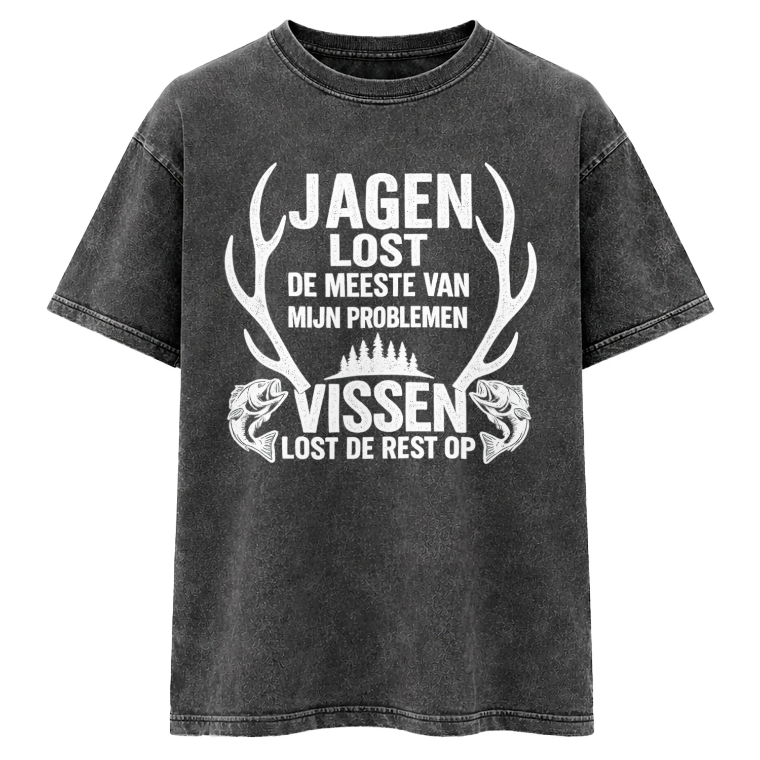 Jagen Lost De Meeste Problemen Op, Vissen De Rest 🎣🦌 – Limited Edition Acid Wash T-Shirt