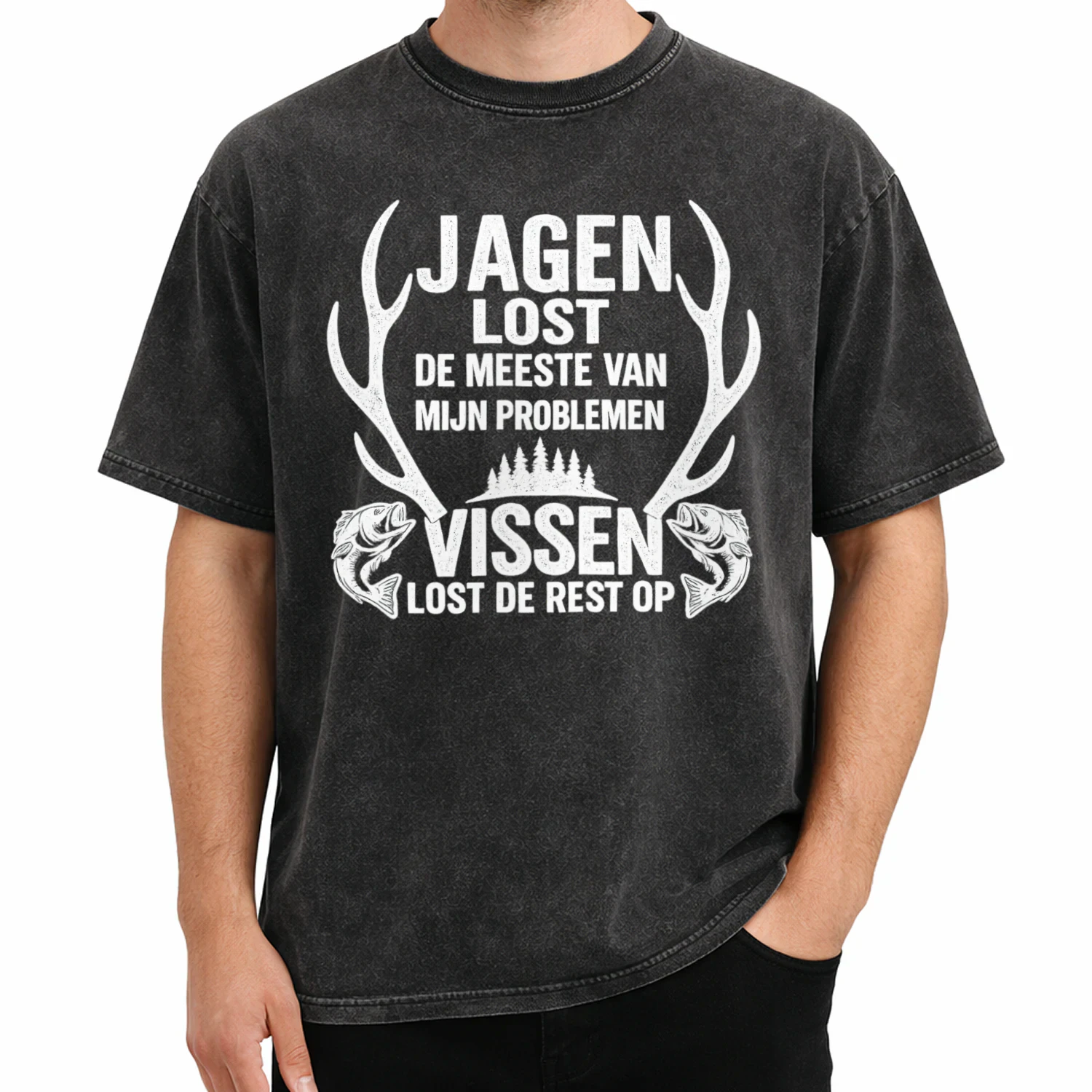 Jagen Lost De Meeste Problemen Op, Vissen De Rest 🎣🦌 – Limited Edition Acid Wash T-Shirt