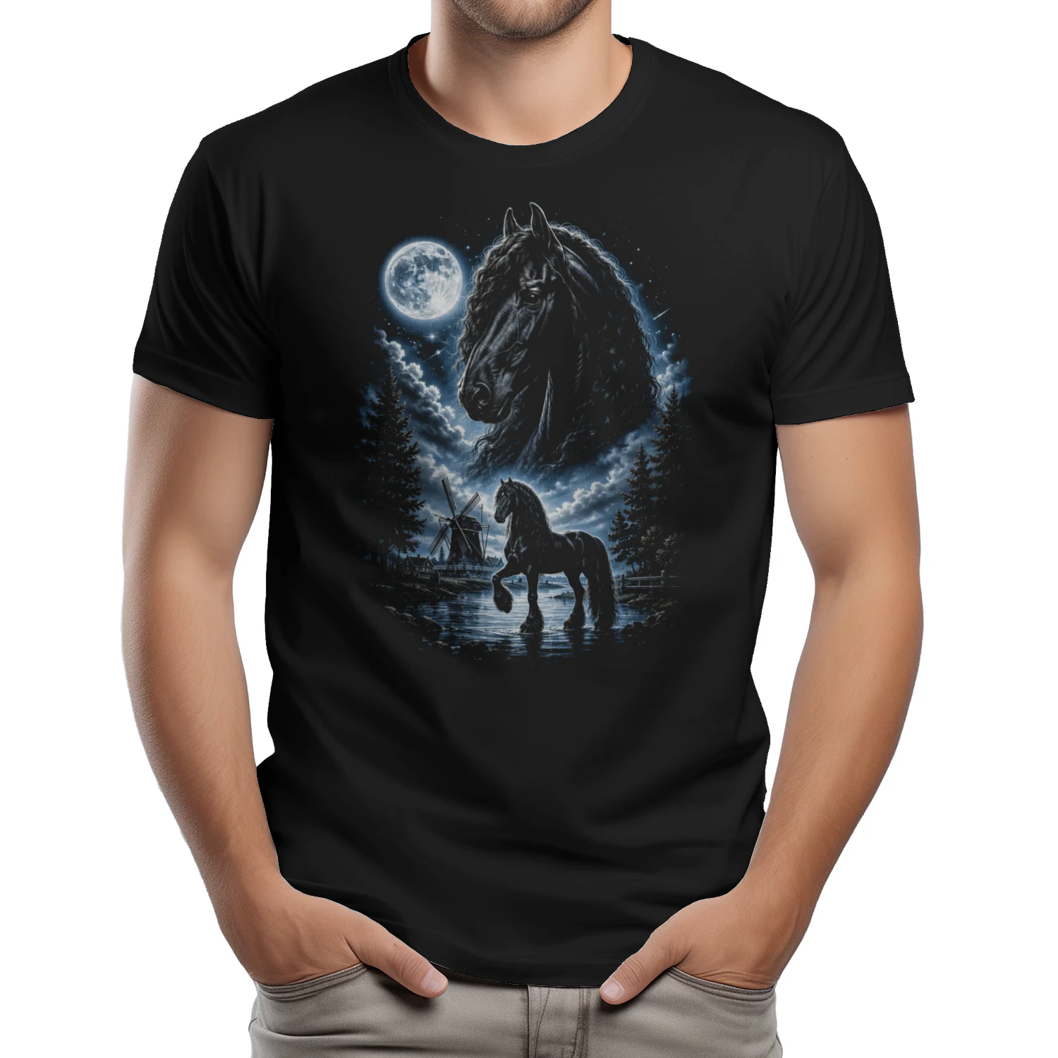 Majestueus in het Maanlicht – Fries Paard Nachtlandschap 🌕🐎 – Limited Edition Unisex T-Shirt