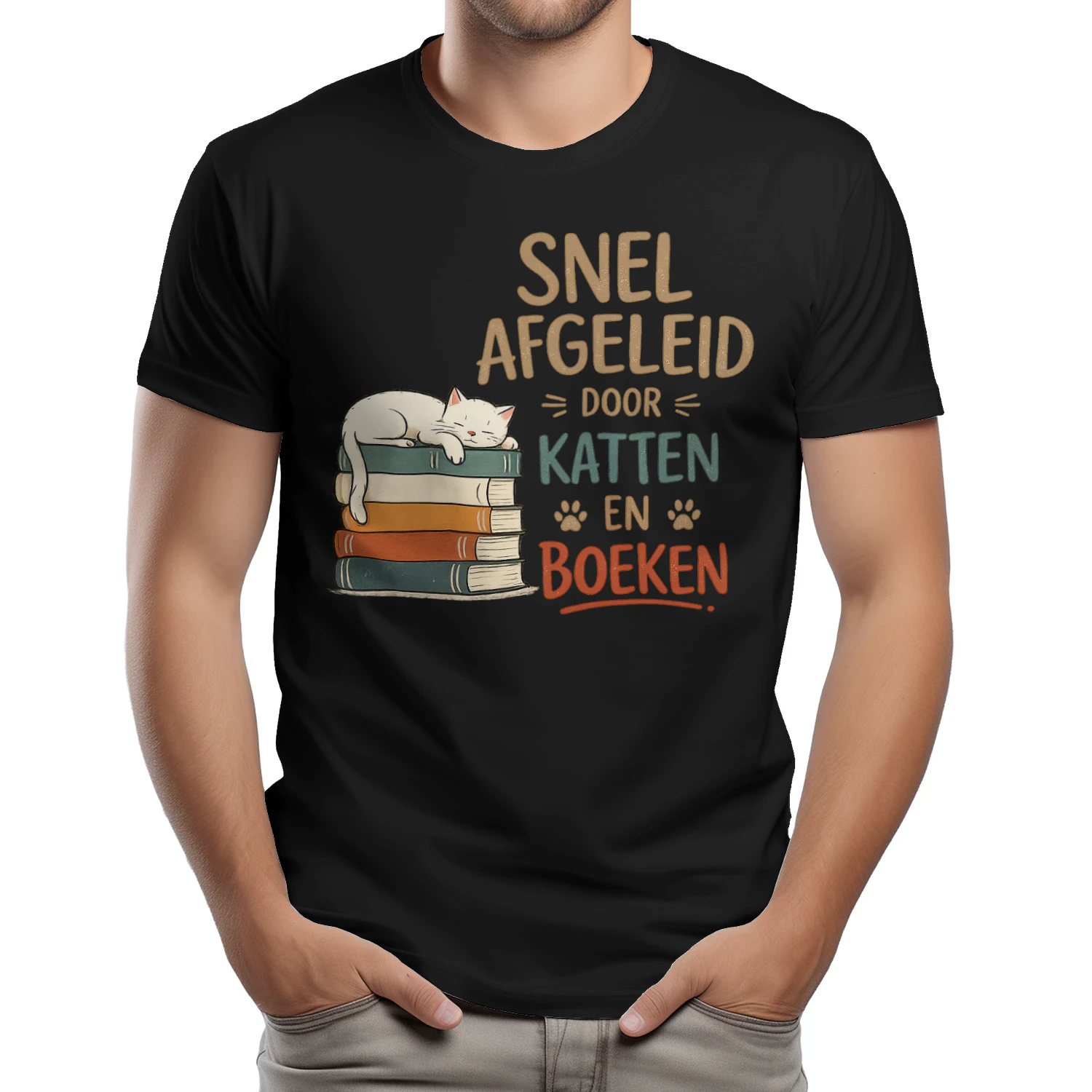 Snel Afgeleid? Katten & Boeken Minimalistisch Design 🐱📚 – Perfect Cadeau Unisex T-Shirt