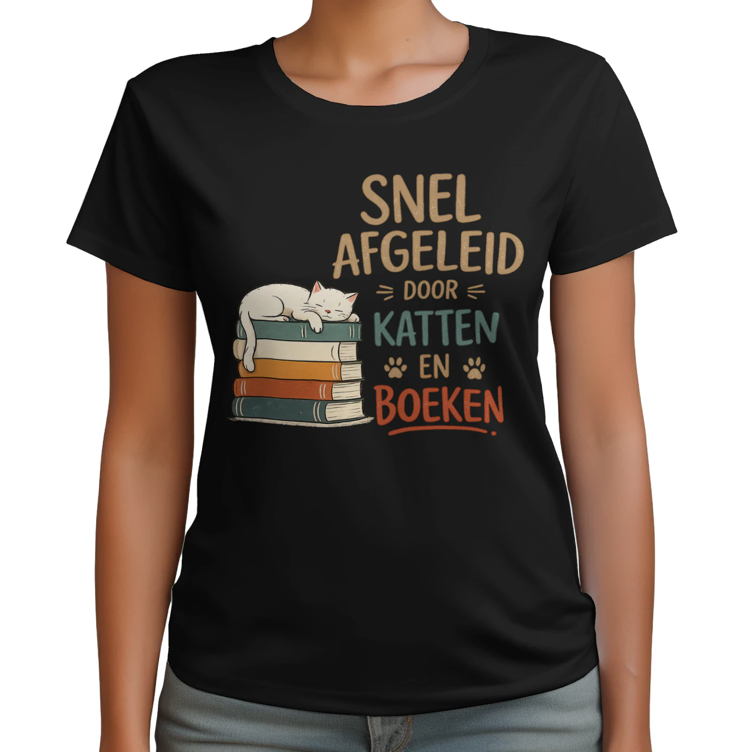 Snel Afgeleid? Katten & Boeken Minimalistisch Design 🐱📚 – Perfect Cadeau Unisex T-Shirt