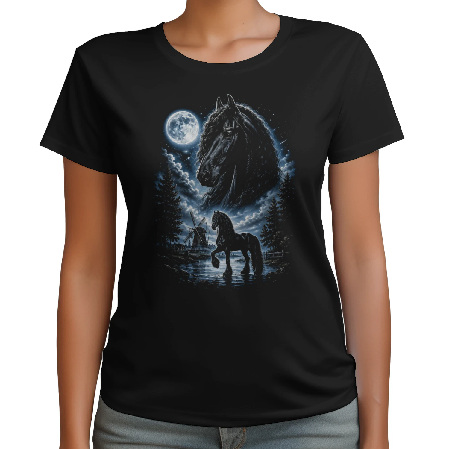 Majestueus in het Maanlicht – Fries Paard Nachtlandschap 🌕🐎 – Limited Edition Unisex T-Shirt