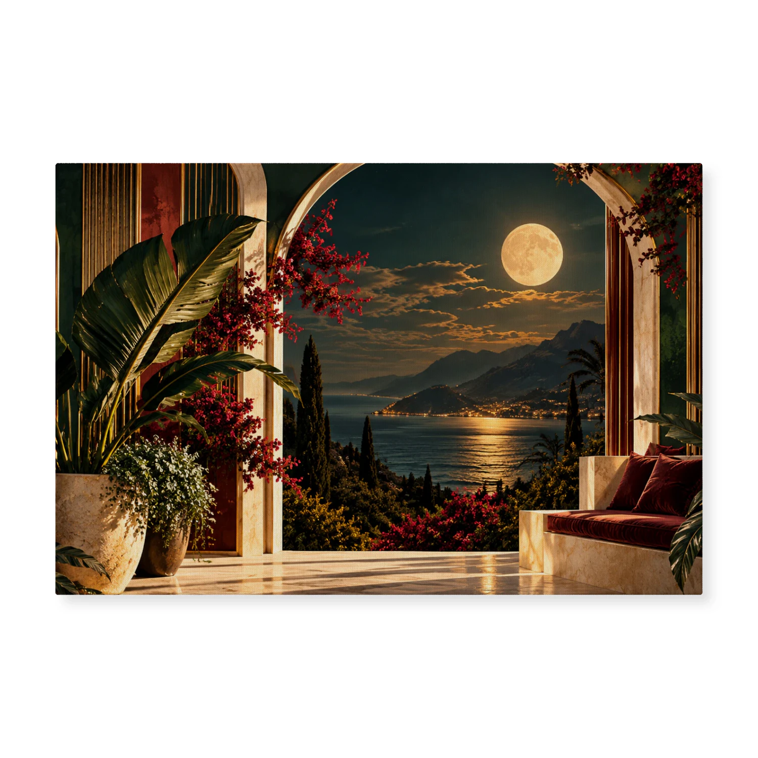 Midnight Conservatory Canvas Wall Art – Moonlit Mediterranean Landscape