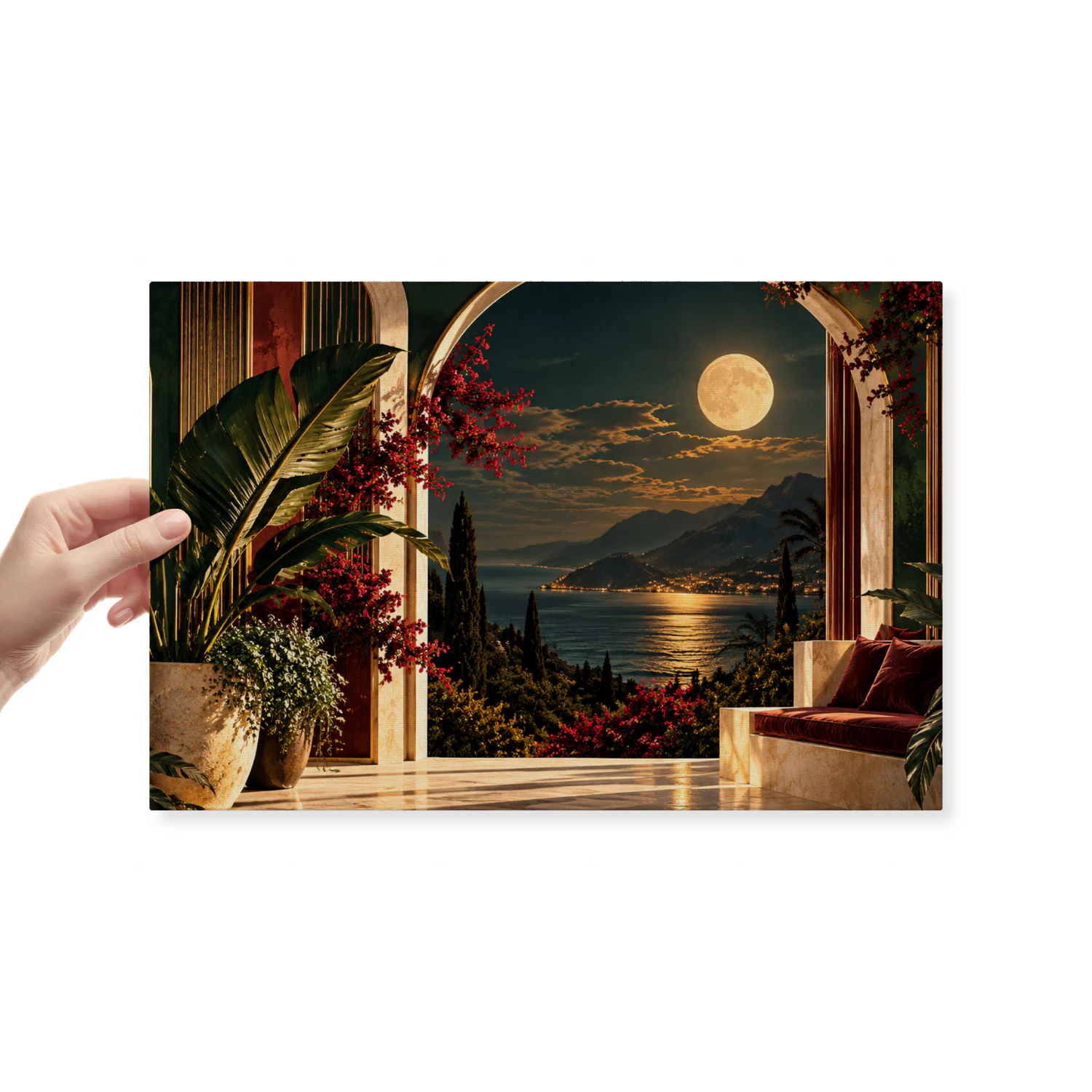 Midnight Conservatory Canvas Wall Art – Moonlit Mediterranean Landscape