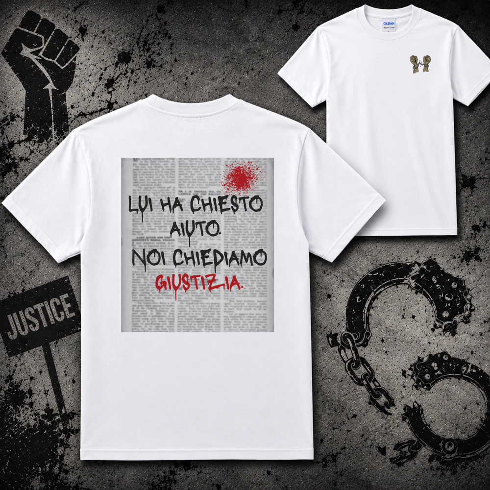 Lui Ha Chiesto Aiuto, Noi Chiediamo Giustizia – Grafica con Manette Spezzate