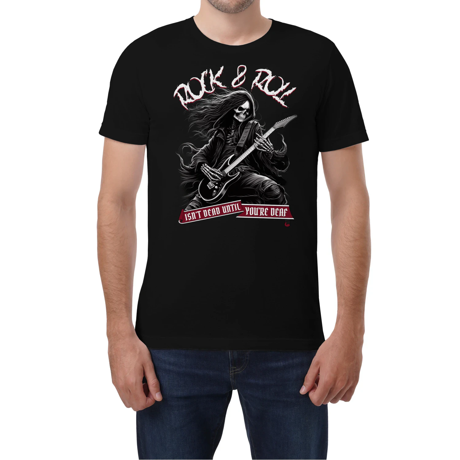 Rock T Shirts UK Sweaters Hoodies Tank Tops Guitar Rock and Roll Isn't Dead Until you are Deaf - Black and Red Tee