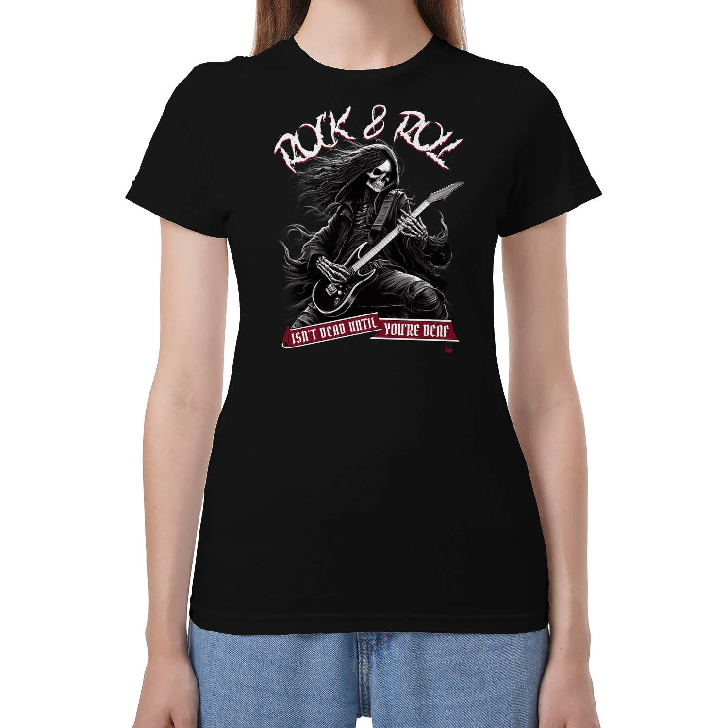 Rock T Shirts UK Sweaters Hoodies Tank Tops Guitar Rock and Roll Isn't Dead Until you are Deaf - Black and Red Tee