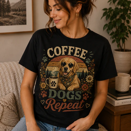 Coffee Dogs Repeat Vintage Golden Retriever T-Shirt