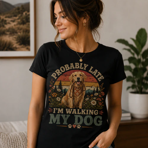 Probably Late I'm Walking My Dog Vintage Retro T-Shirt