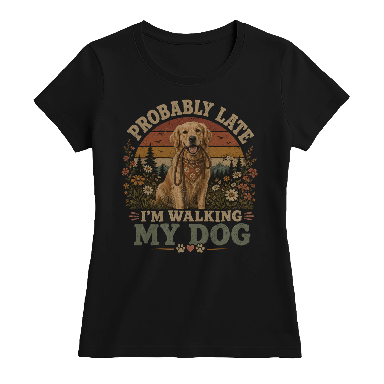 Probably Late I'm Walking My Dog Vintage Retro T-Shirt | Funny Dog Lover Gift | Golden Retriever Graphic Tee