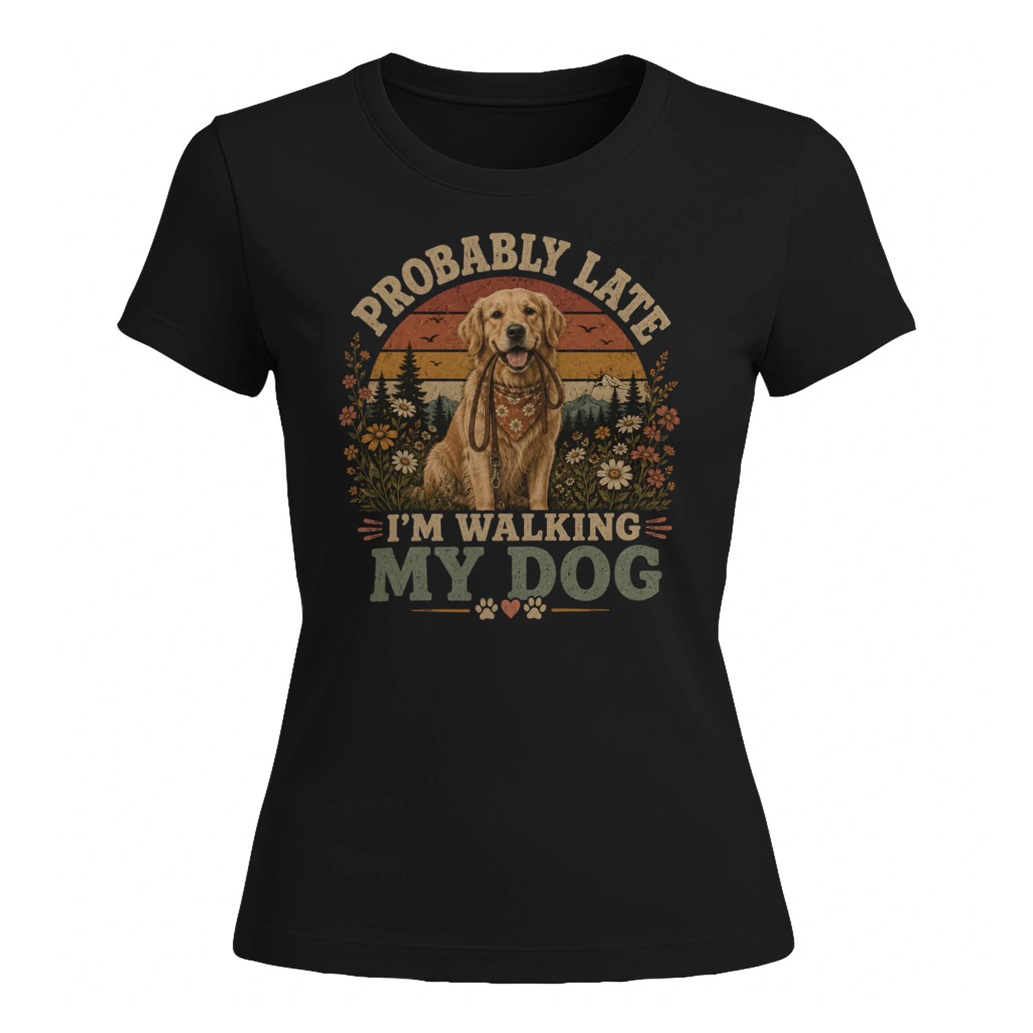 Probably Late I'm Walking My Dog Vintage Retro T-Shirt | Funny Dog Lover Gift | Golden Retriever Graphic Tee