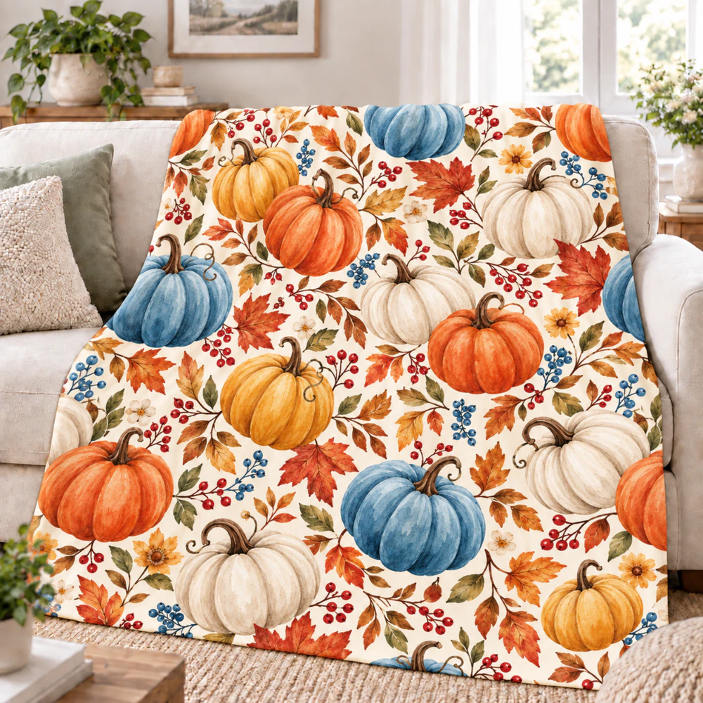 Fall Pumpkin Blanket – Blue, Orange & White Pumpkin Fleece Throw | Cozy Autumn Thanksgiving Decor
