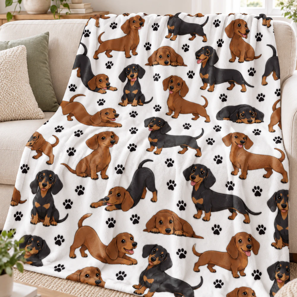 Dachshund Pattern Blanket - Soft Flannel All-Season Comfort with Dachshund Design - Gift for Pet Lovers, Suitable for Sofa, Living Room - Durable Dachshund Themed Home Decor for Dog Owners - Ideal Choice for Dachshund