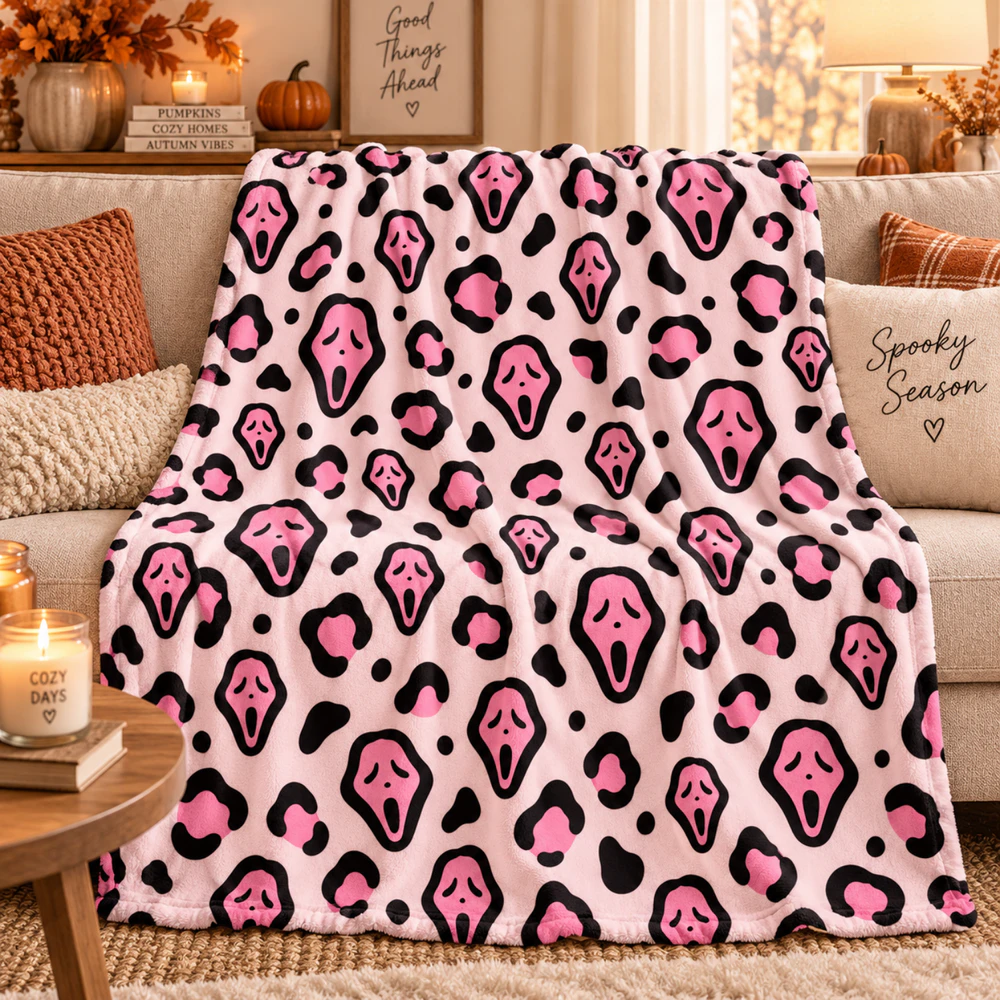 Pink Spooky Halloween Blanket – Black & Pink Horror Mask Fleece Throw | Cute Leopard Halloween Decor