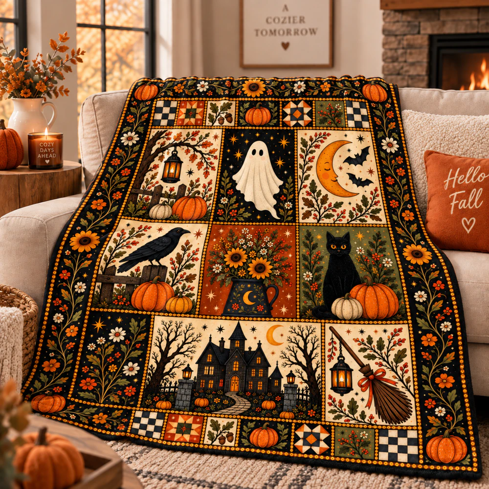 Vintage Halloween Quilt Blanket – Folk Art Ghost, Black Cat & Pumpkin Fleece Throw | Cozy Autumn Decor