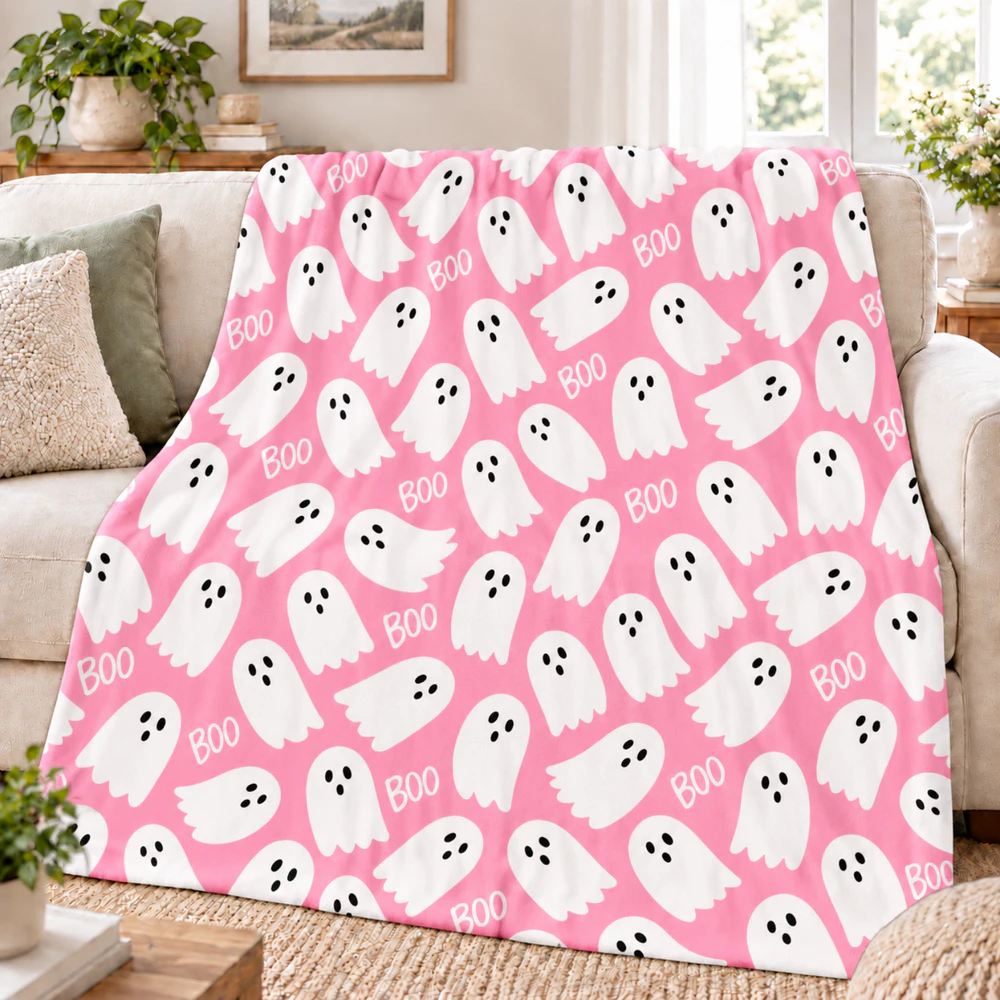 Pink Ghost Halloween Blanket Cute BOO Fleece Throw | Spooky Season Bedroom & Home Decor