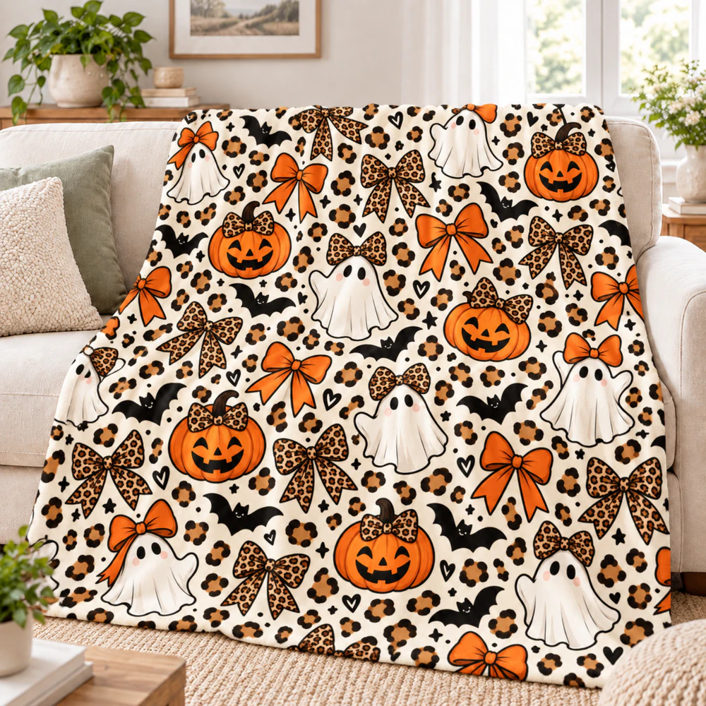 Halloween Ghost Pattern Blanket Ghost, Pumpkin & Leopard Bow Fleece Throw | Coquette Spooky Fall Decor