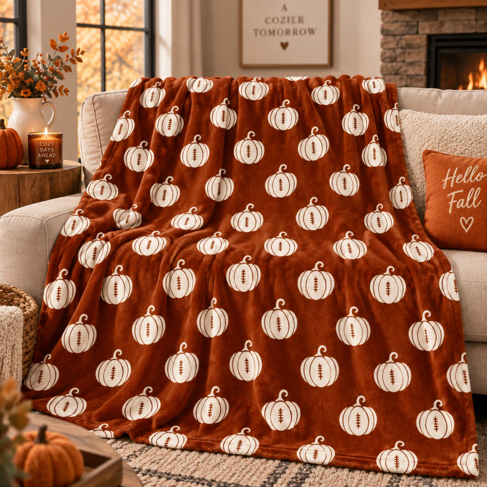 Fall Pumpkin Fleece Blanket – Minimal Autumn Pumpkin Throw | Cozy Thanksgiving Home Decor