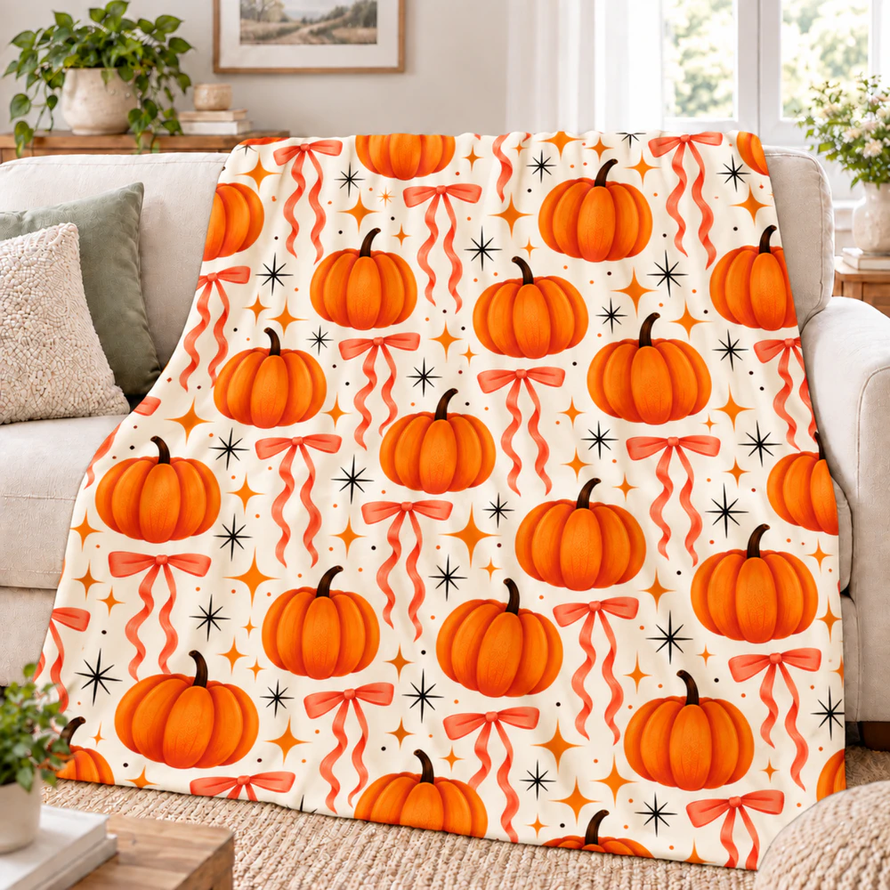 Cute Fall Pumpkin Blanket – Orange Pumpkin & Bow Fleece Throw | Cozy Autumn Home Decor