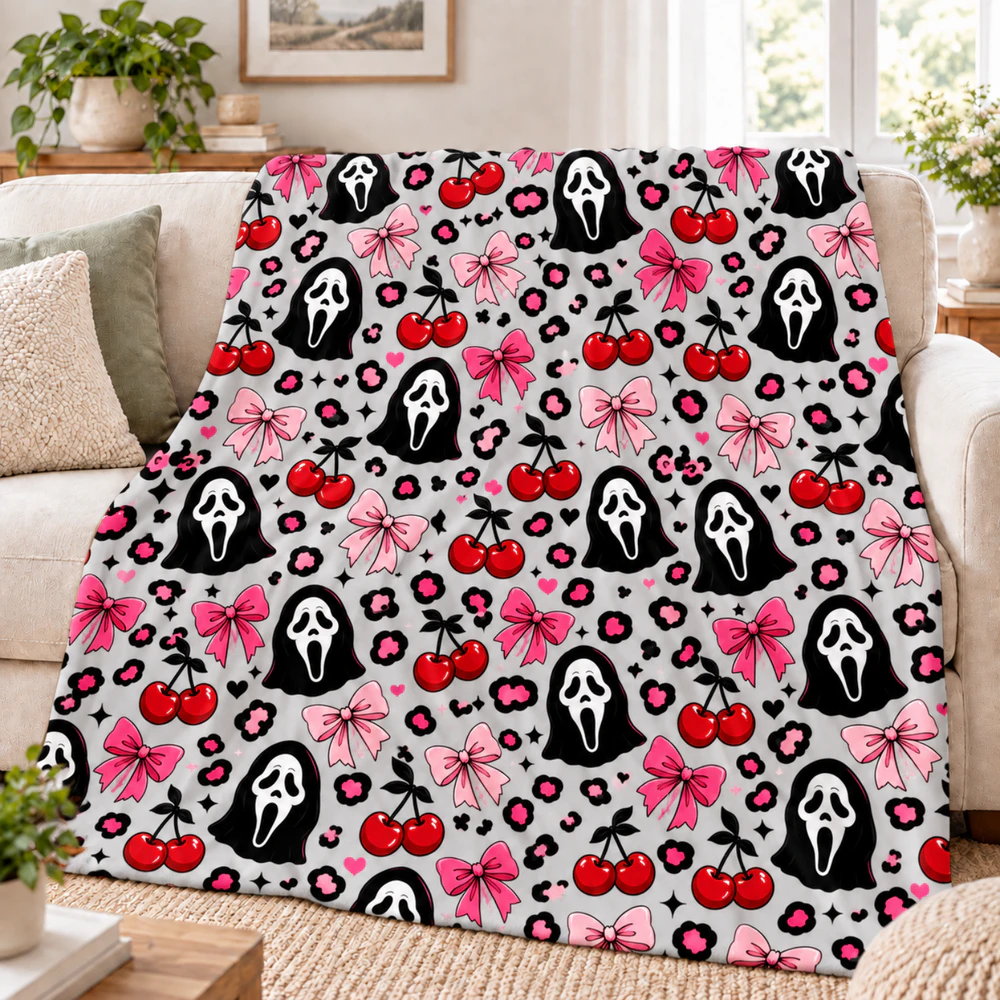 Pink Spooky Halloween Blanket – Bows, Cherries & Leopard Fleece Throw | Cute Gothic Halloween Decor