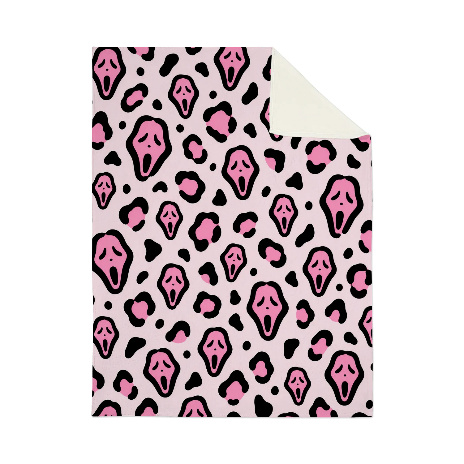 Pink Spooky Halloween Blanket – Black & Pink Horror Mask Fleece Throw | Cute Leopard Halloween Decor