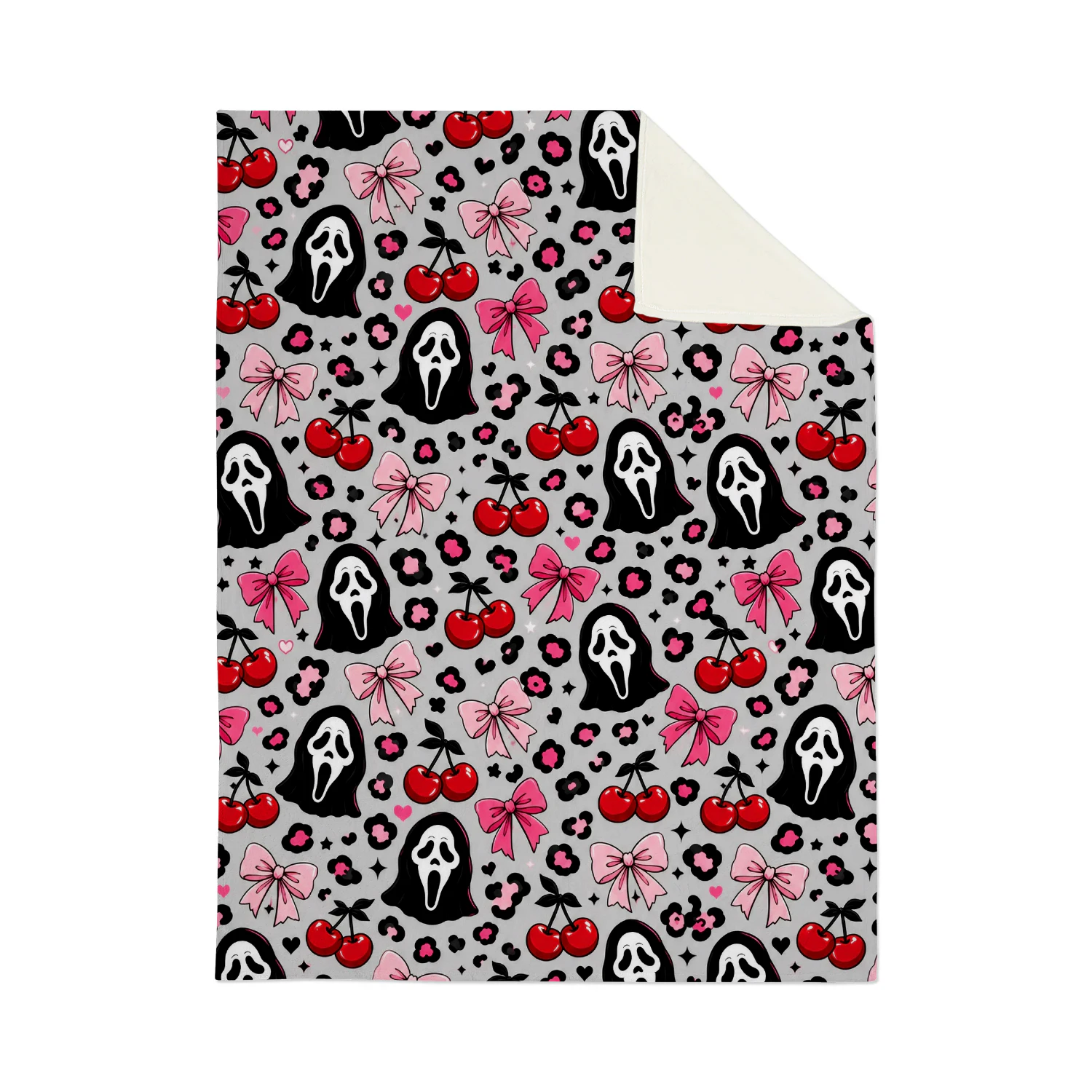 Pink Spooky Halloween Blanket – Bows, Cherries & Leopard Fleece Throw | Cute Gothic Halloween Decor