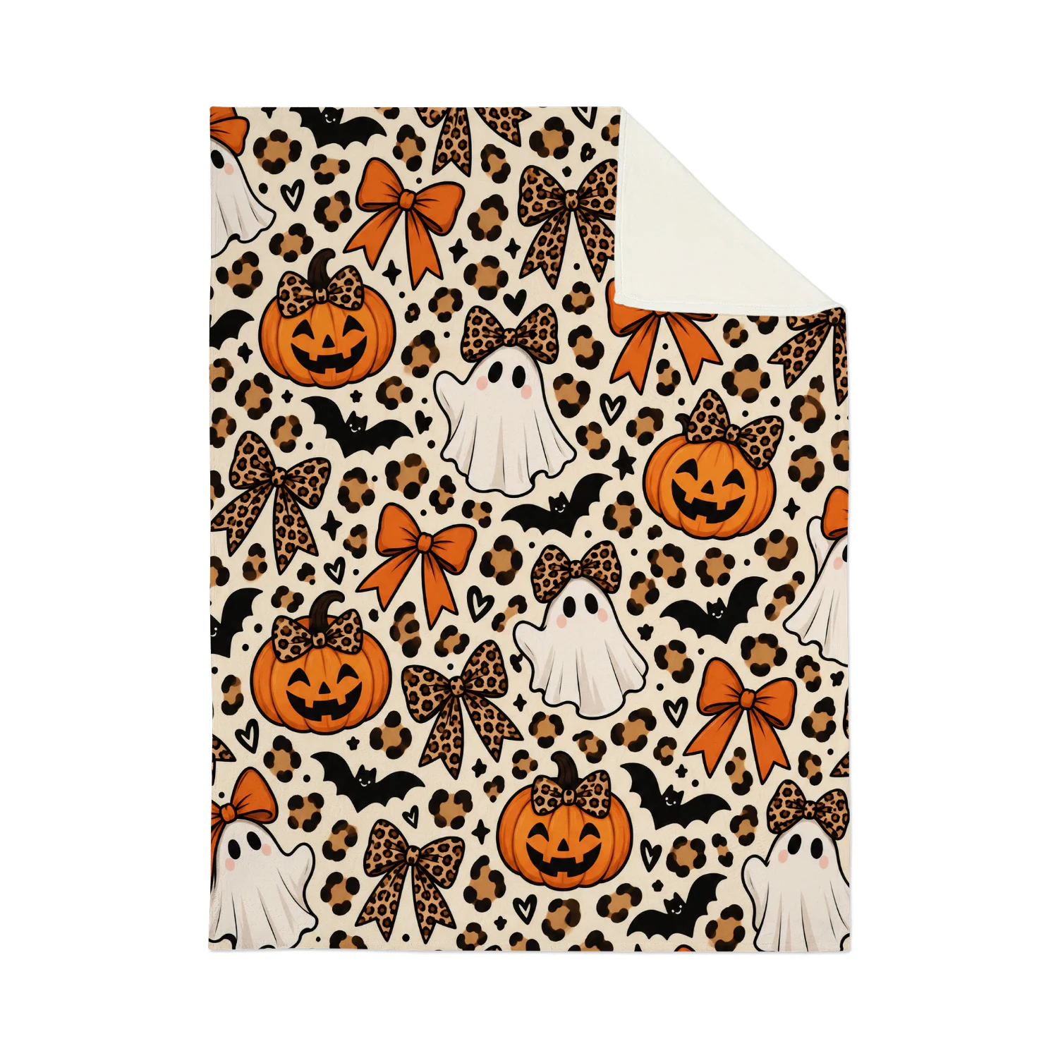 Halloween Ghost Pattern Blanket Ghost, Pumpkin & Leopard Bow Fleece Throw | Coquette Spooky Fall Decor