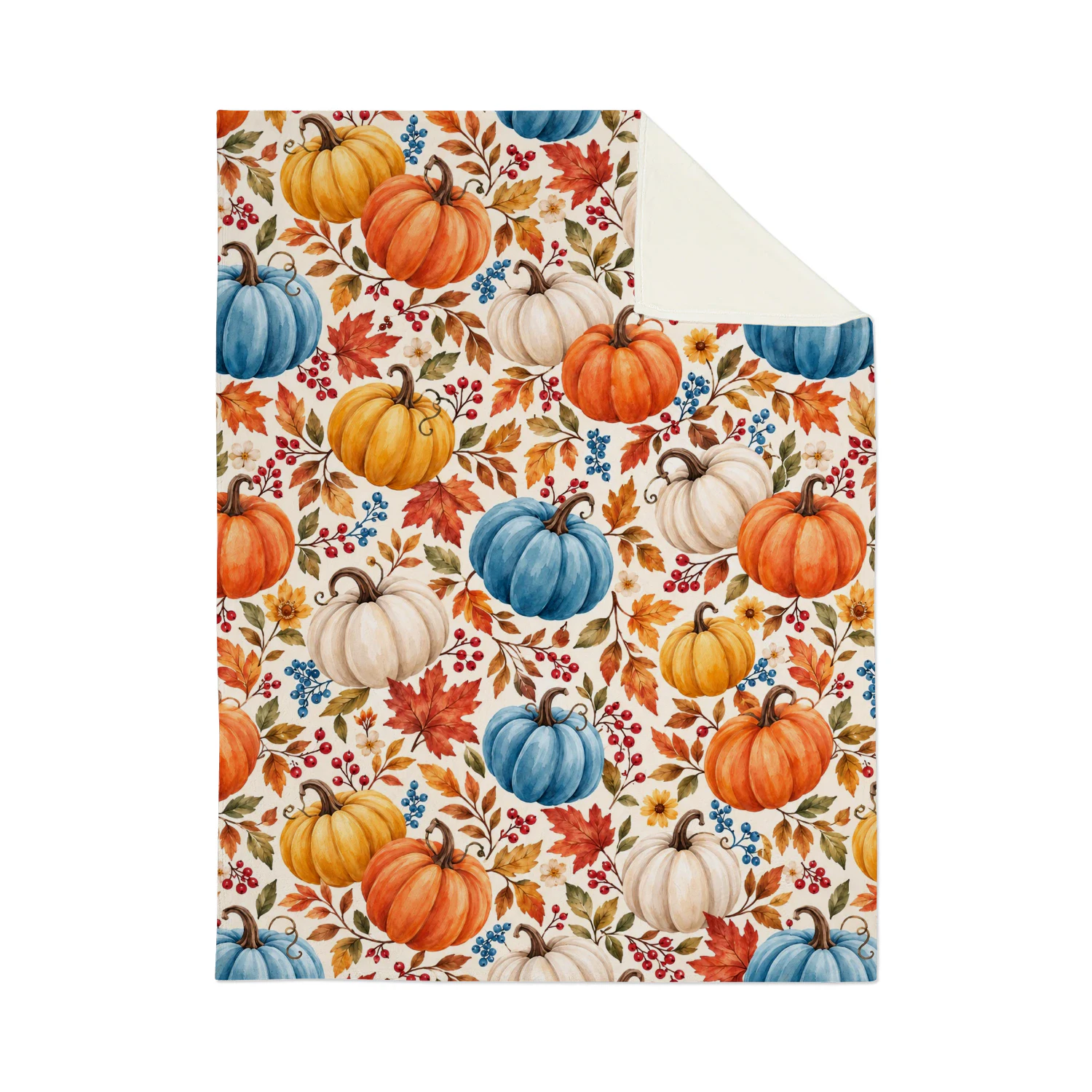 Fall Pumpkin Blanket – Blue, Orange & White Pumpkin Fleece Throw | Cozy Autumn Thanksgiving Decor