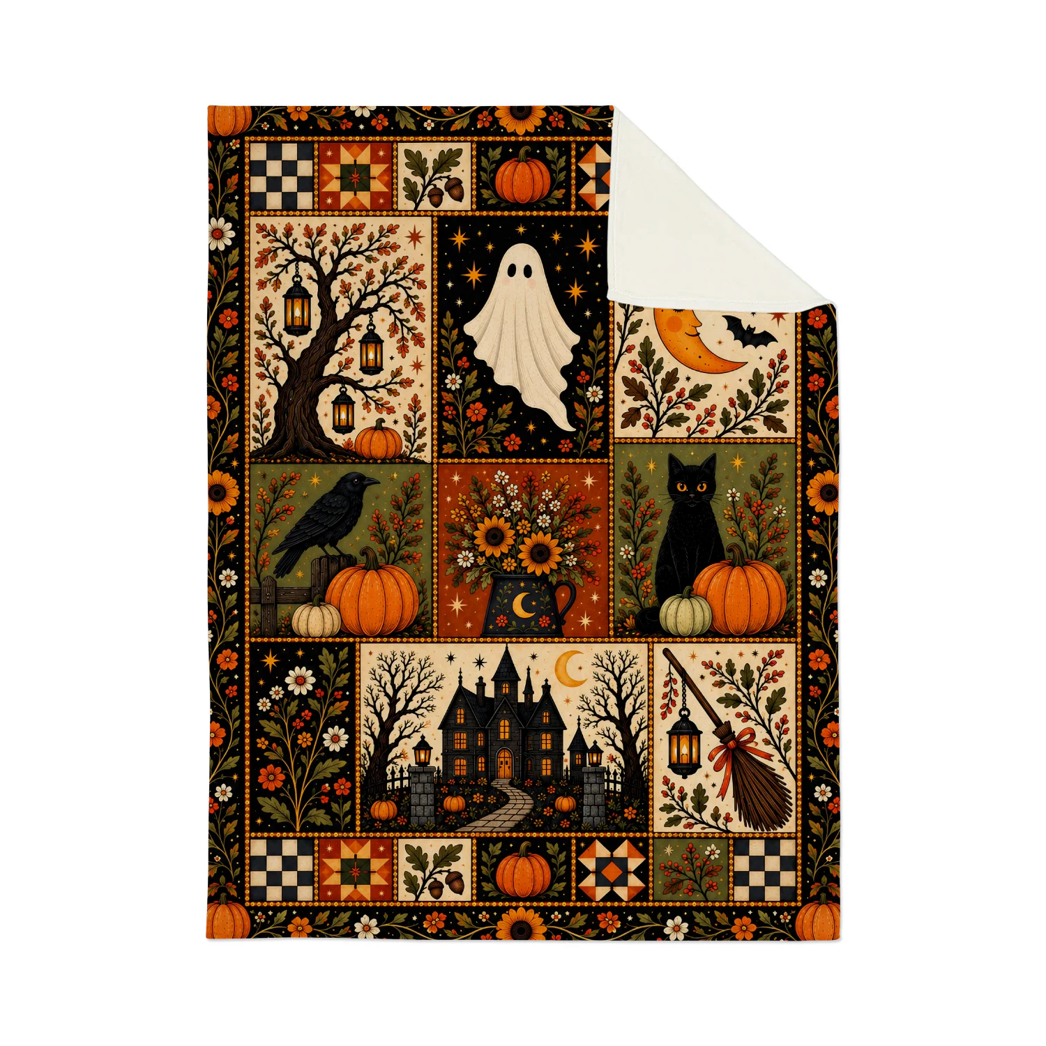 Vintage Halloween Quilt Blanket – Folk Art Ghost, Black Cat & Pumpkin Fleece Throw | Cozy Autumn Decor