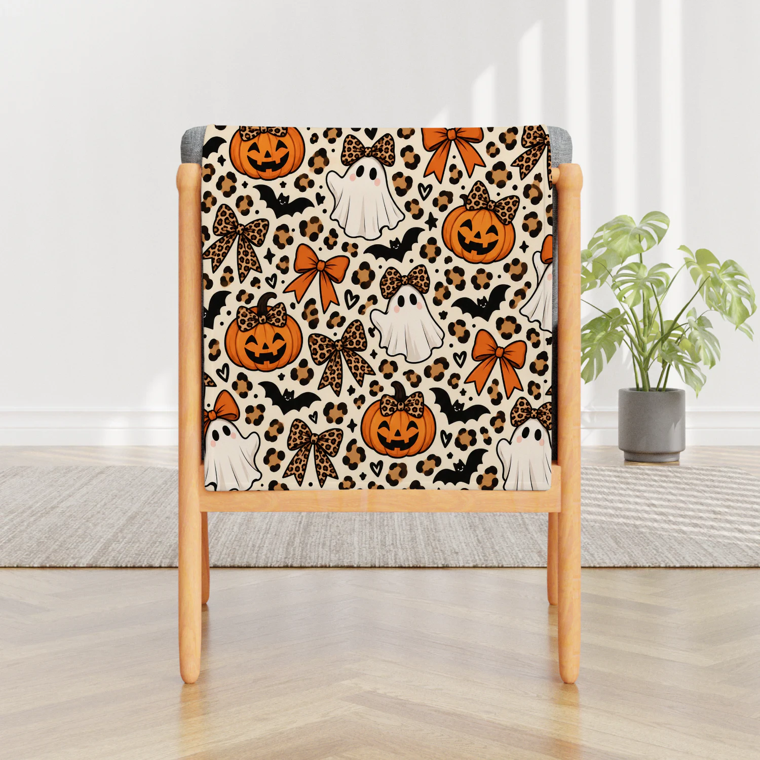 Halloween Ghost Pattern Blanket Ghost, Pumpkin & Leopard Bow Fleece Throw | Coquette Spooky Fall Decor