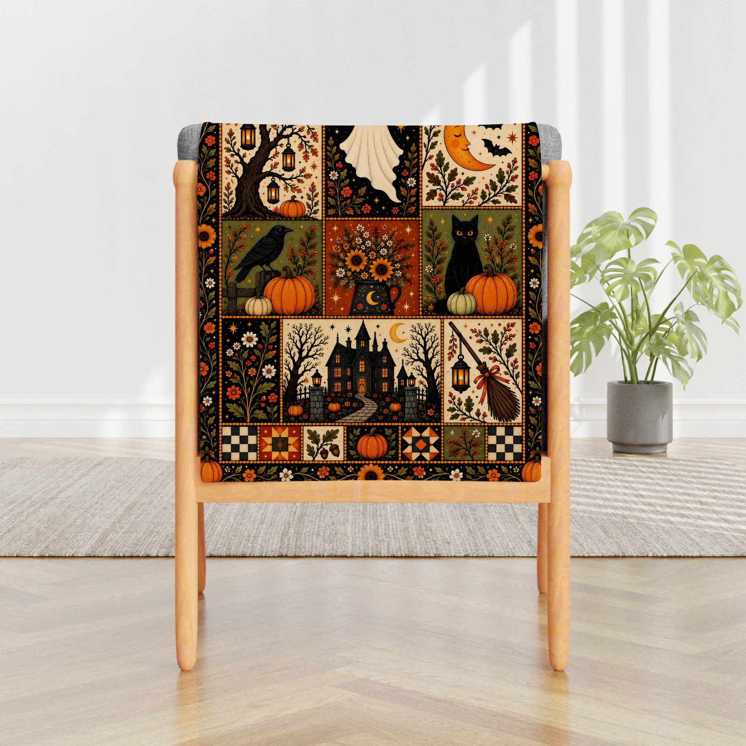 Vintage Halloween Quilt Blanket – Folk Art Ghost, Black Cat & Pumpkin Fleece Throw | Cozy Autumn Decor