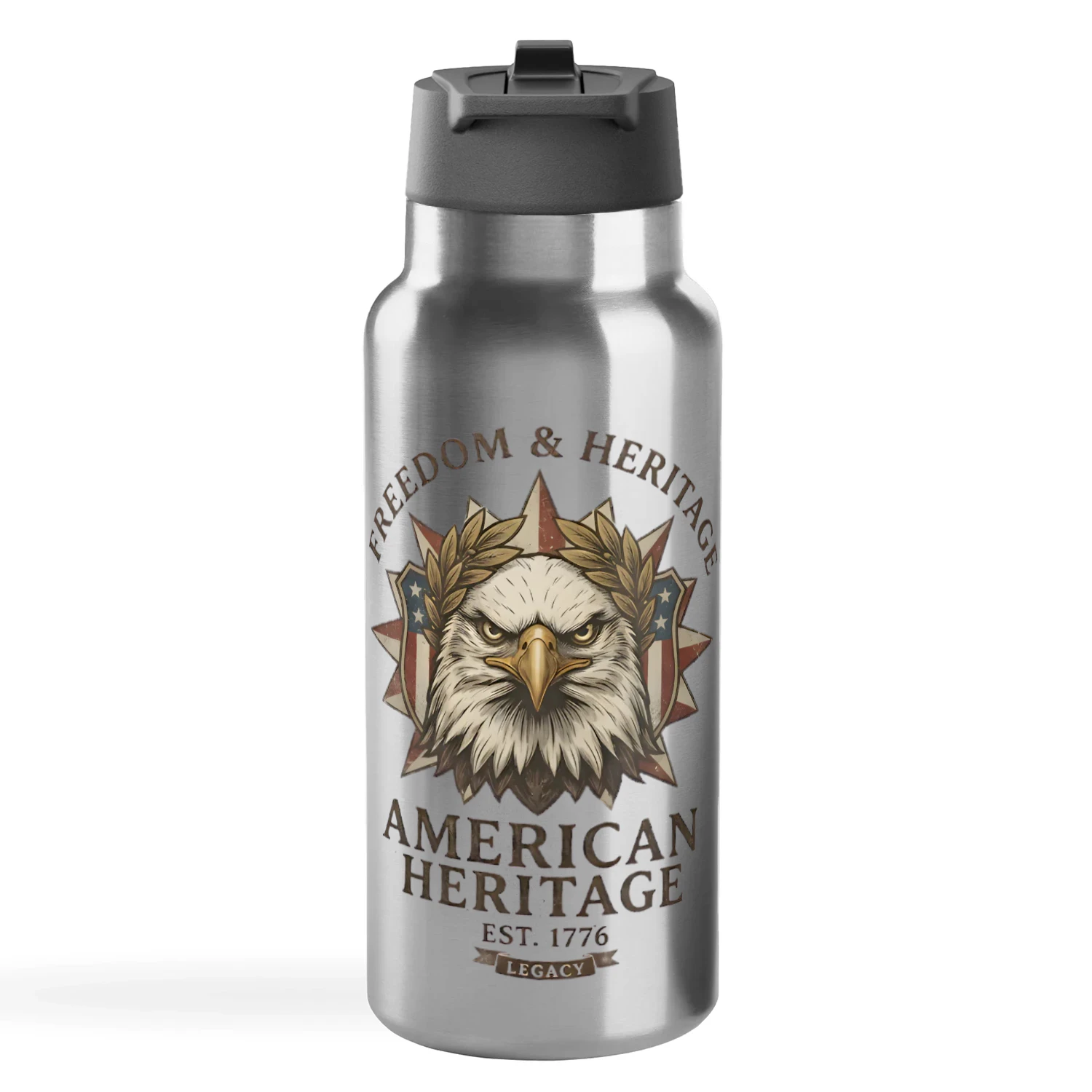 American Heritage 32oz Sports Tumbler - Patriotic Bald Eagle Stainless Steel Insulated Travel Mug - Est. 1776 Freedom & Legacy