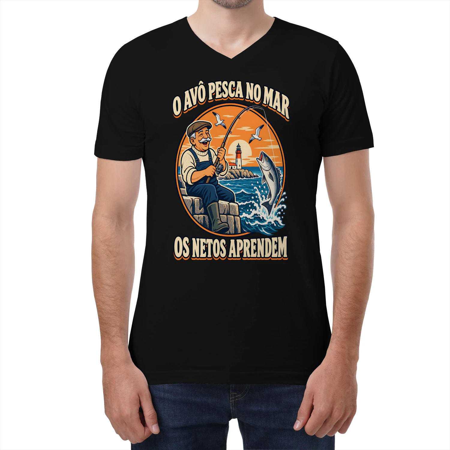 Avô Pescador T-shirt com decote em V