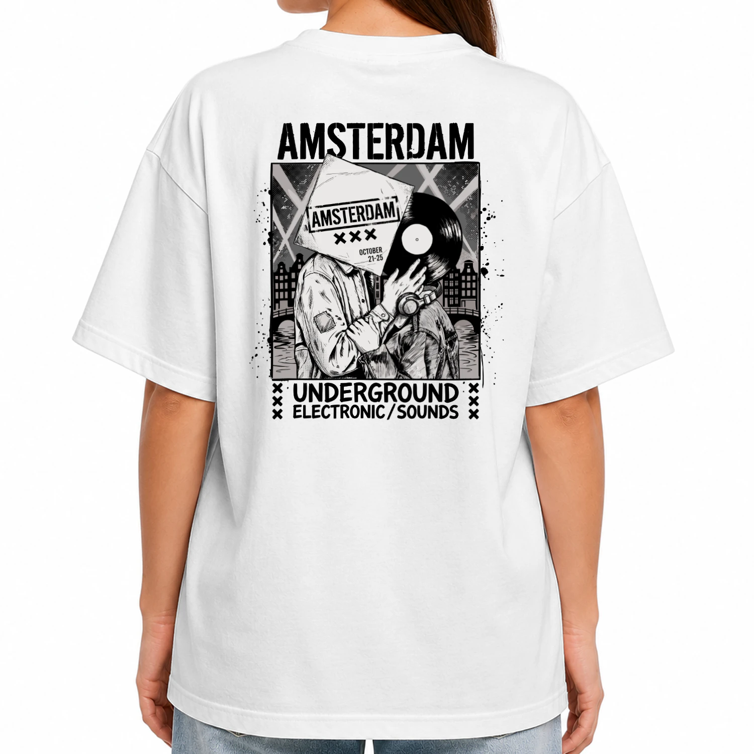Amsterdam October Vinyl Oversized T-Shirt - Zwart Techno Lovers Streetwear Tee