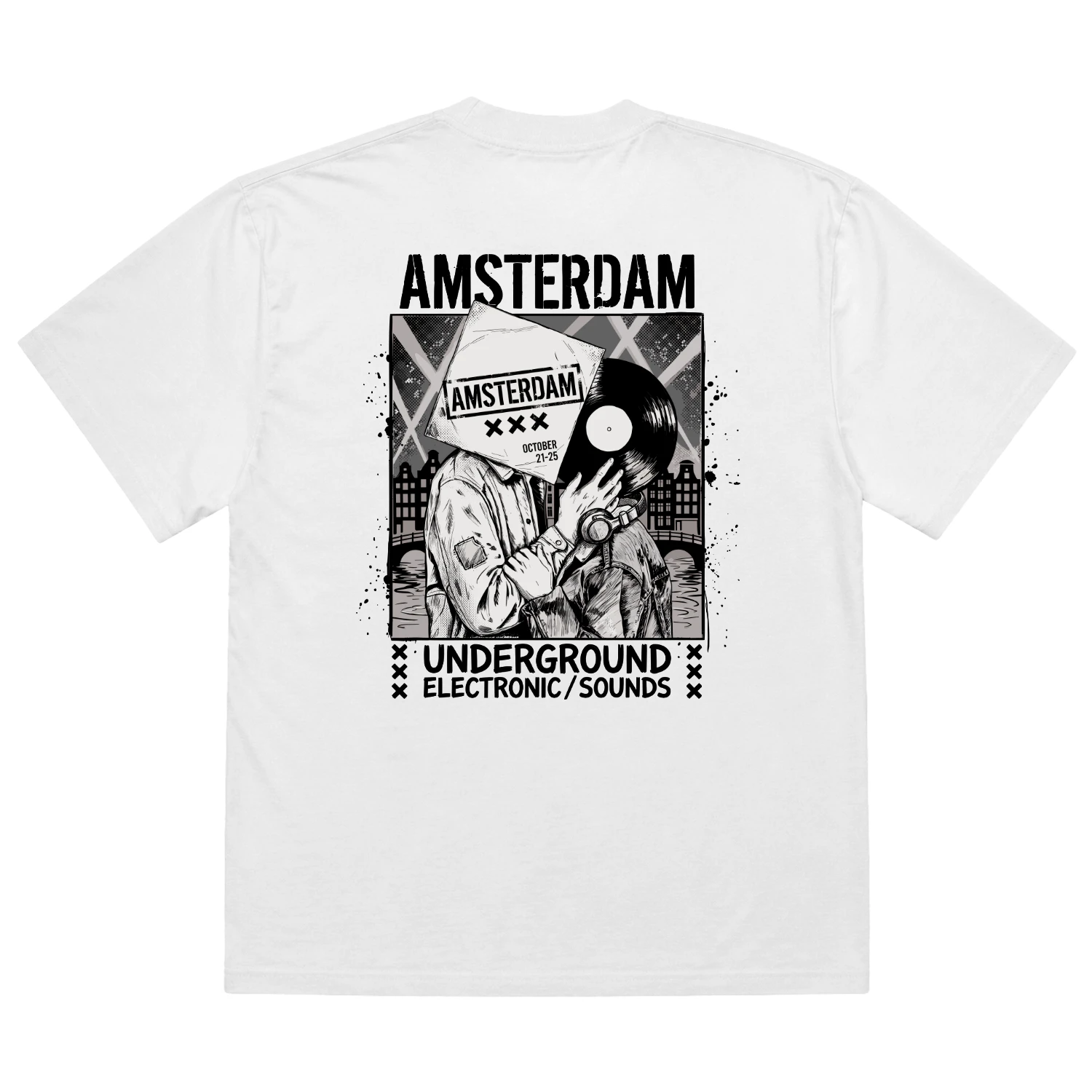 Amsterdam October Vinyl Oversized T-Shirt - Zwart Techno Lovers Streetwear Tee