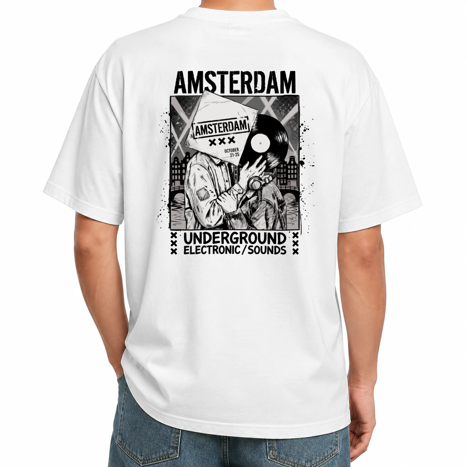 Amsterdam October Vinyl Oversized T-Shirt - Zwart Techno Lovers Streetwear Tee