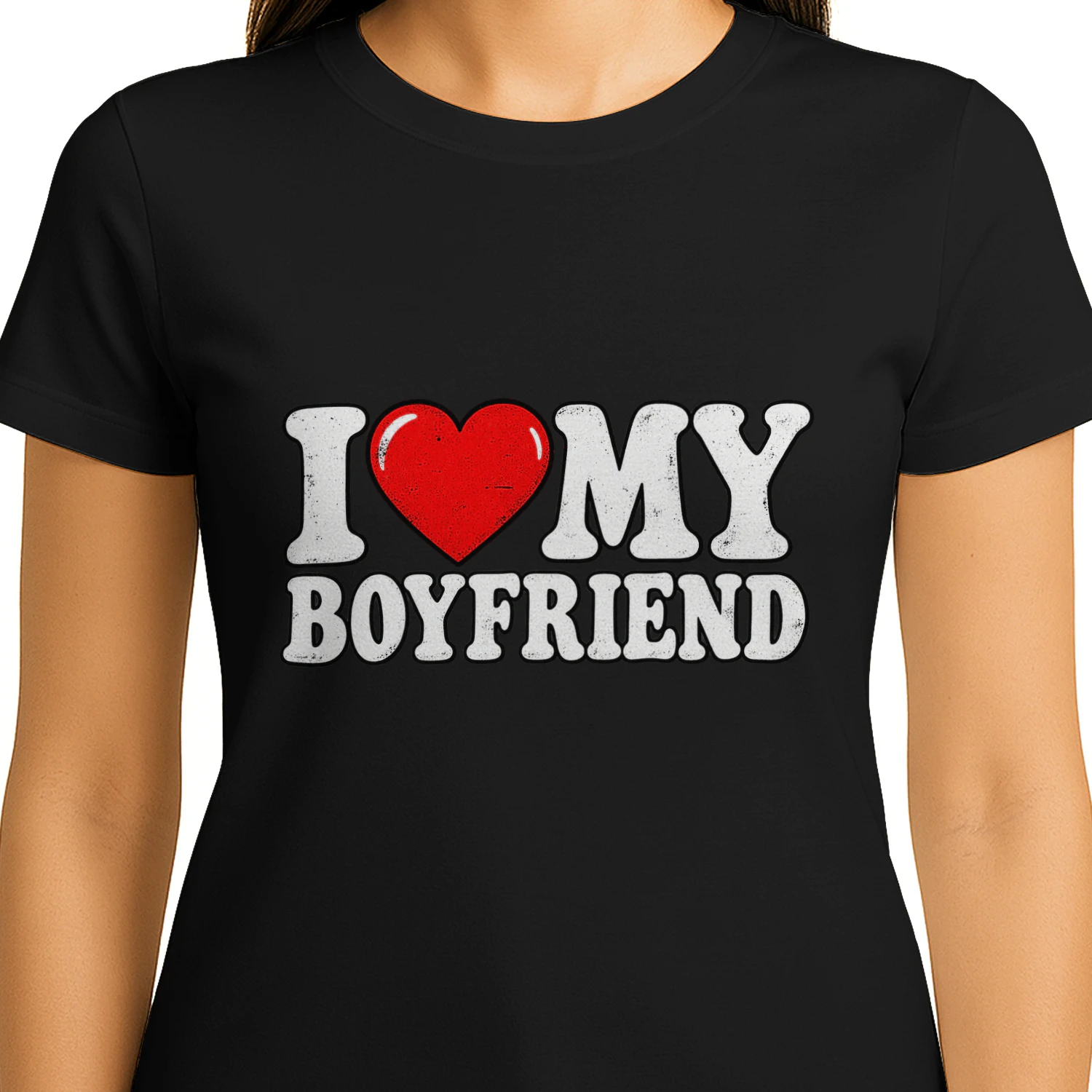 T-shirt met 'I Love My Boyfriend'-hart, leuk cadeau voor in de relatie, romantisch T-shirt met opdruk voor koppels, expressieve T-shirts met opdruk voor mannen