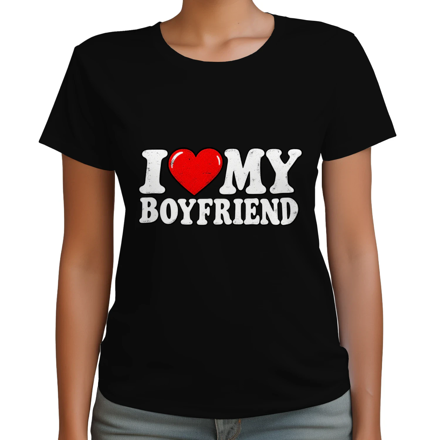 T-shirt met 'I Love My Boyfriend'-hart, leuk cadeau voor in de relatie, romantisch T-shirt met opdruk voor koppels, expressieve T-shirts met opdruk voor mannen