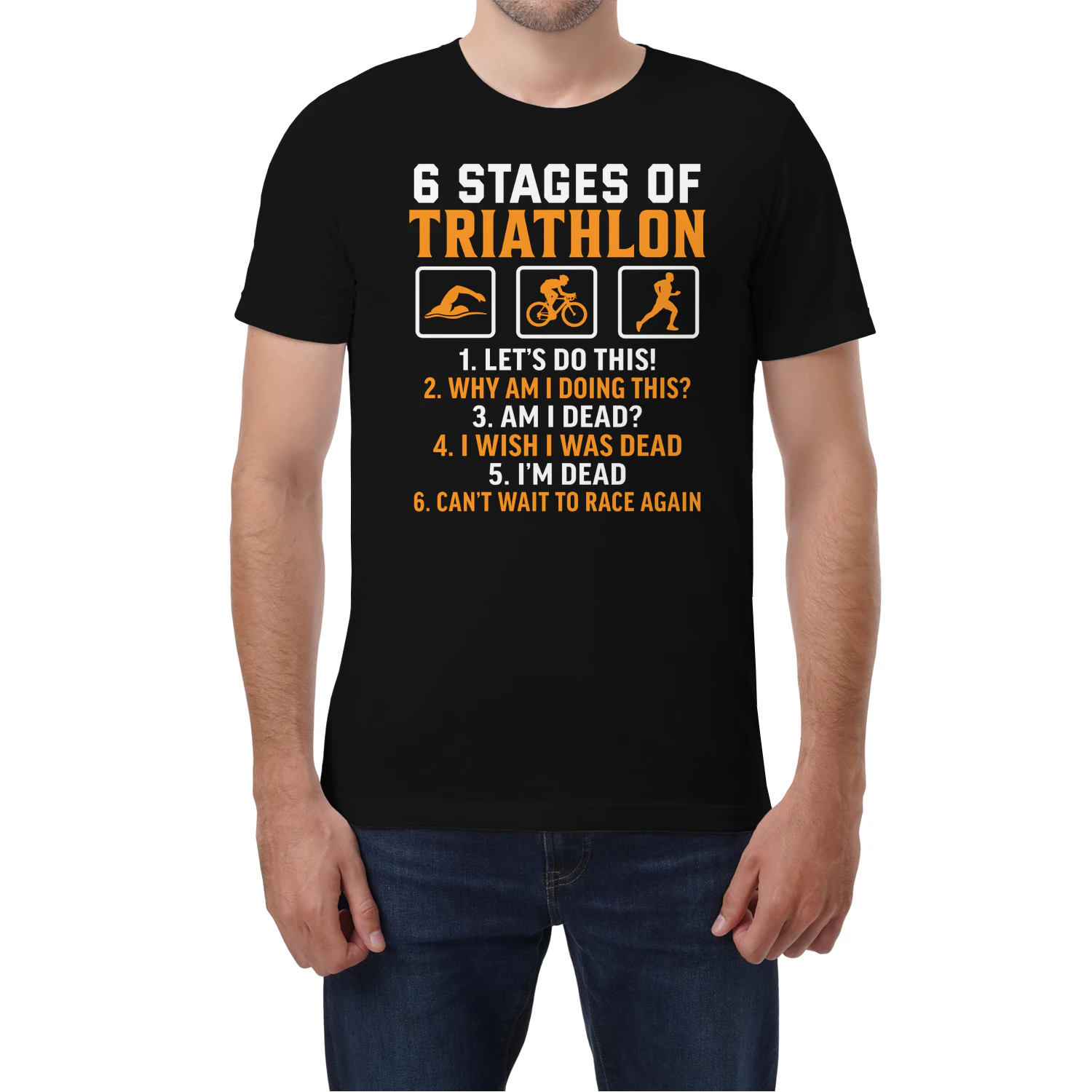 6 Stages of triathlon funny t-shirt triathletes 
