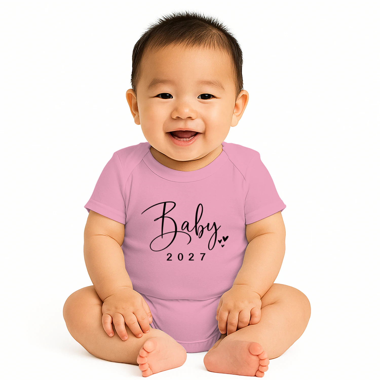 "Baby 2027 Announcement Onesie — Cursive Script Pregnancy Reveal Bodysuit"