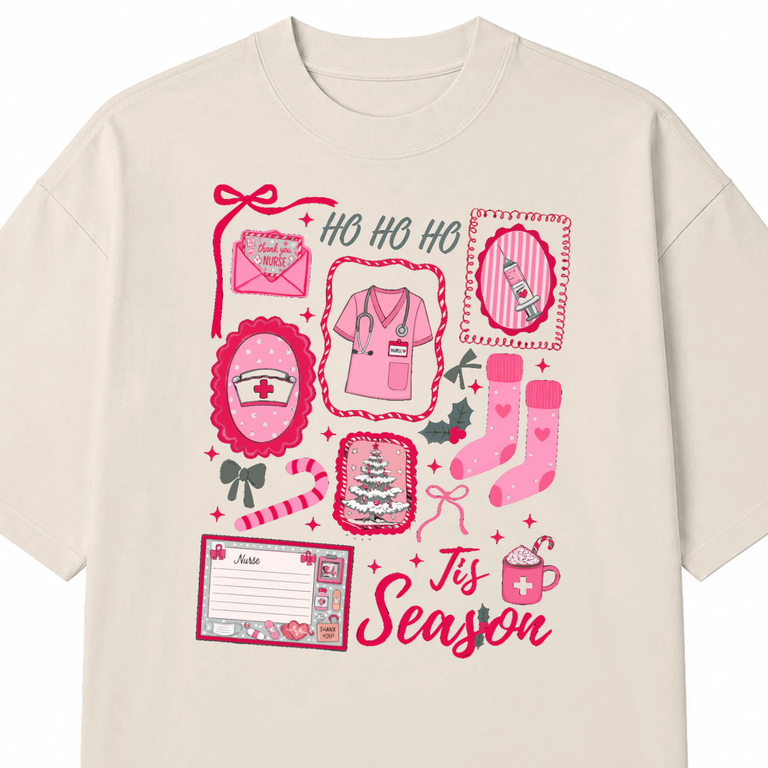 Pink Christmas Sweatshirt Tis The Season Xmas Sweater Cute Girly Holiday Womens Pullover Candy Cane Bow Santa Tee Winter Crewneck
