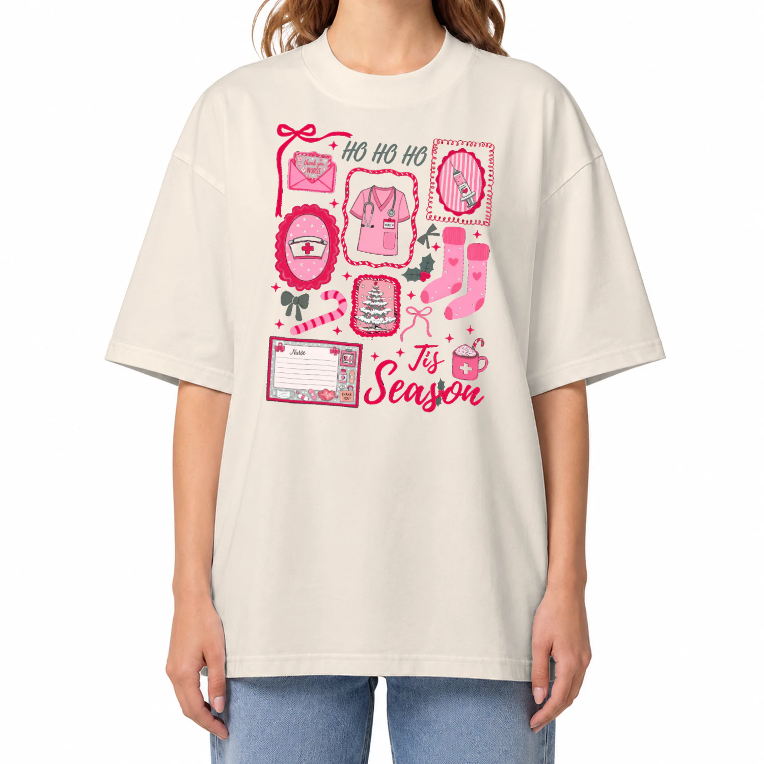 Pink Christmas Sweatshirt Tis The Season Xmas Sweater Cute Girly Holiday Womens Pullover Candy Cane Bow Santa Tee Winter Crewneck