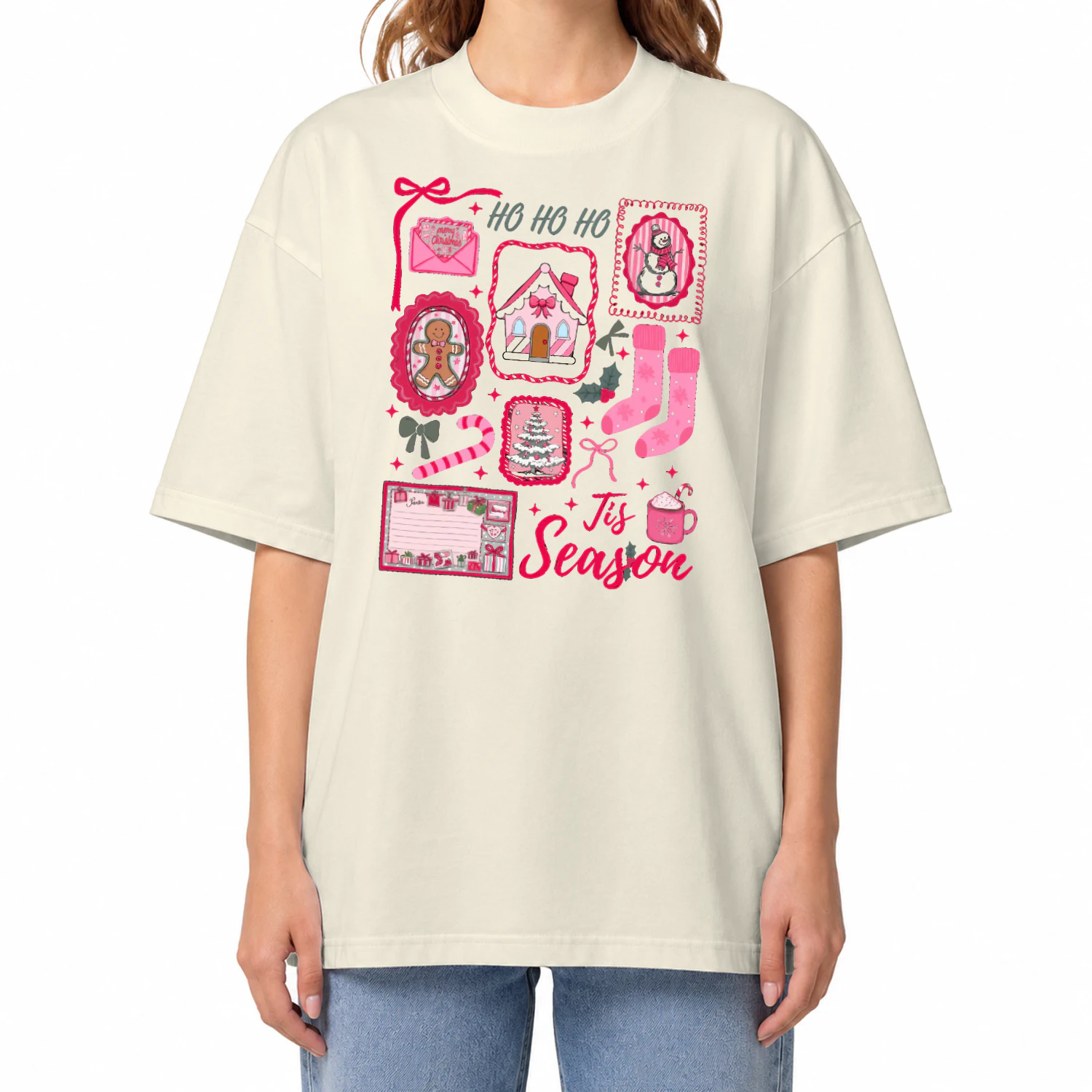 Pink Christmas Sweatshirt Tis The Season Xmas Sweater Cute Girly Holiday Womens Pullover Candy Cane Bow Santa Tee Winter Crewneck